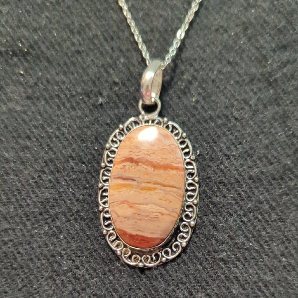 Silver Plate Brown Cream Picture Jasper Gemstone Oval Pendant Statement Necklace